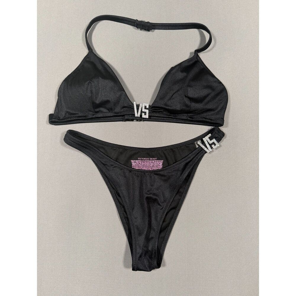 Victorias Secret Shine Strap Bikini Set M Top S Bottoms Black Rhinestone VS 2pc